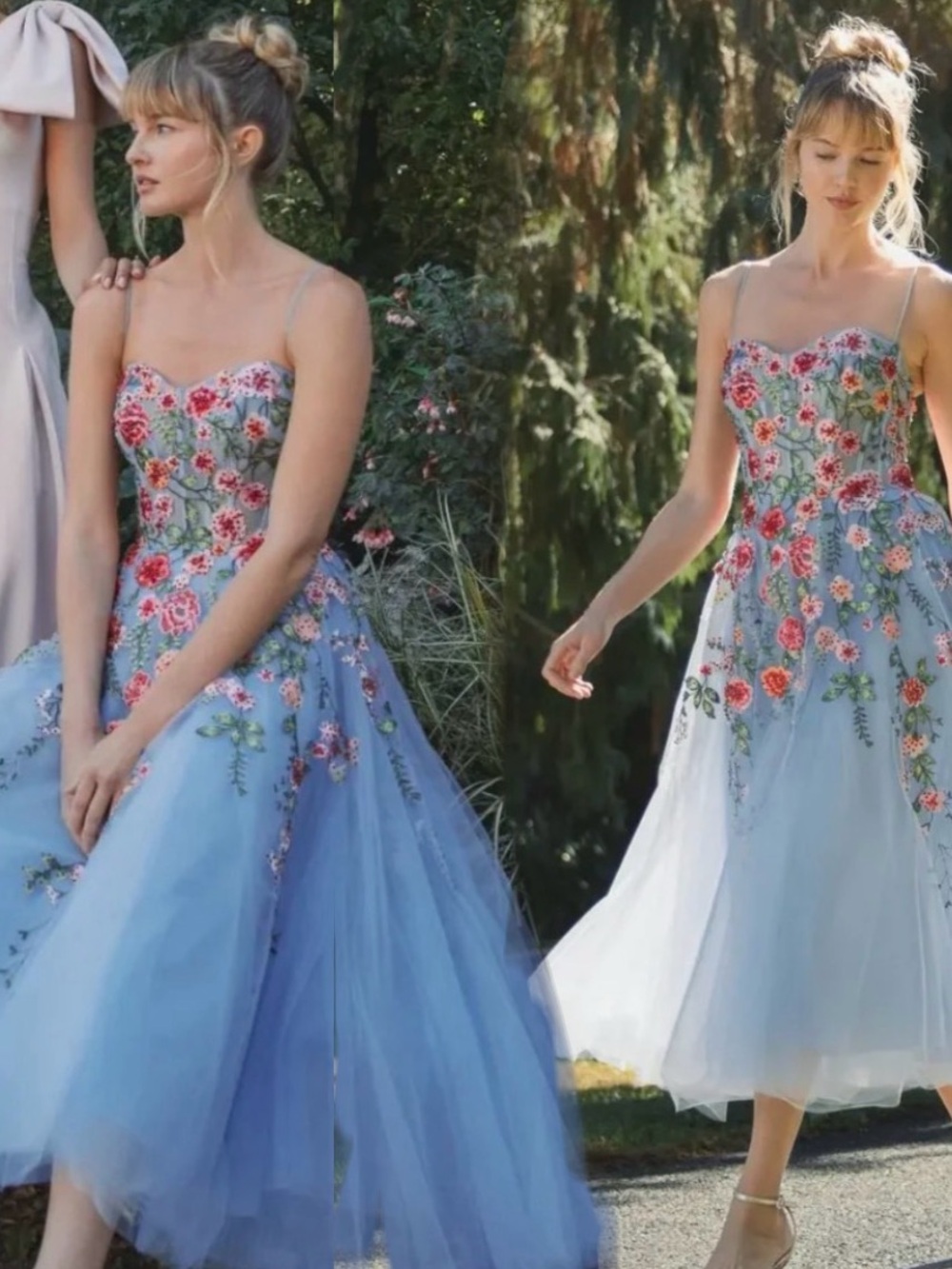 Mac Duggal Cocktail Floral Embroidered Tulle Midi-Dress Powder Blue Sz 14